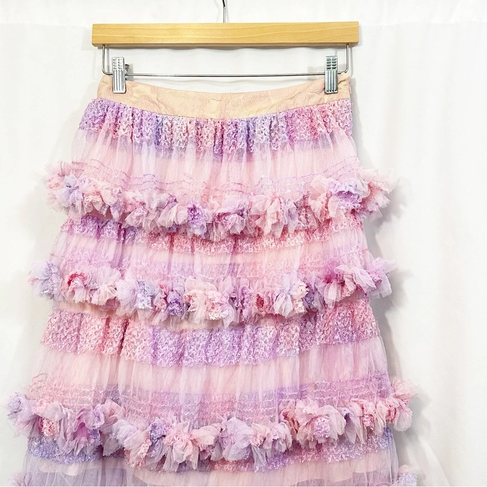 Ryan Lo Ruffle Lace Tiered Tulle Pastel Designer Skirt - Picture 5 of 8